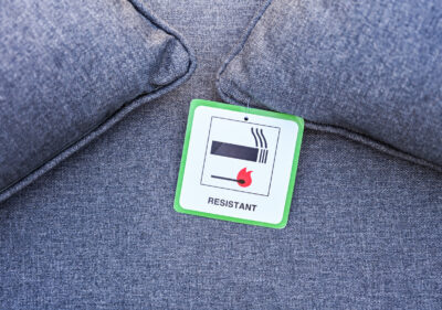 A flame retardant label on a couch