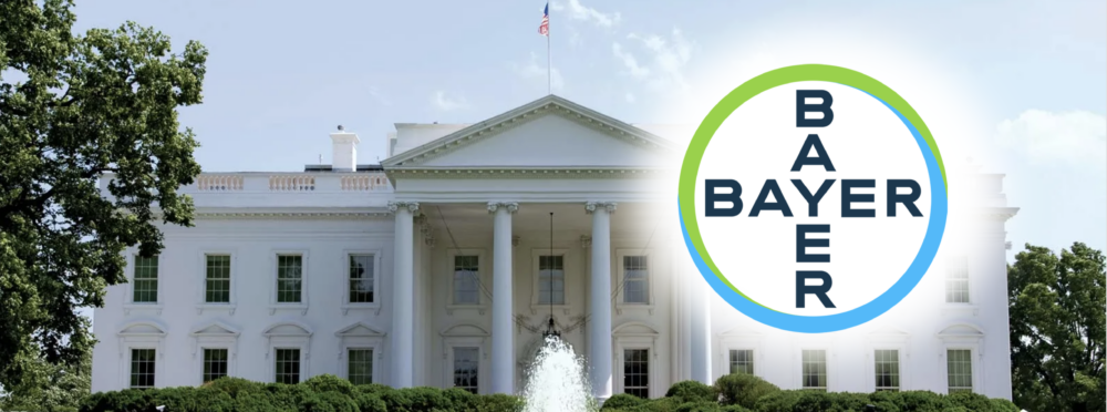 A Bayer logo superimposed on the White House