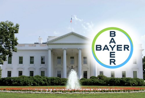 A Bayer logo superimposed on the White House