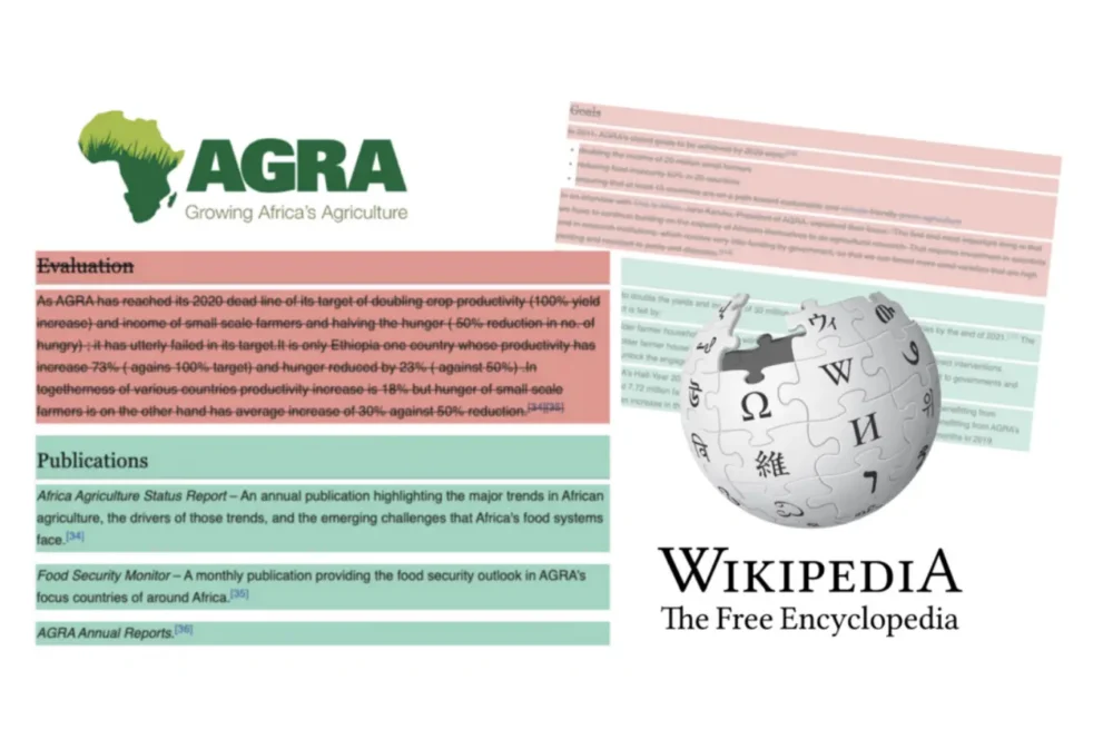 Edits to AGRA's Wikipedia page to remove criticism