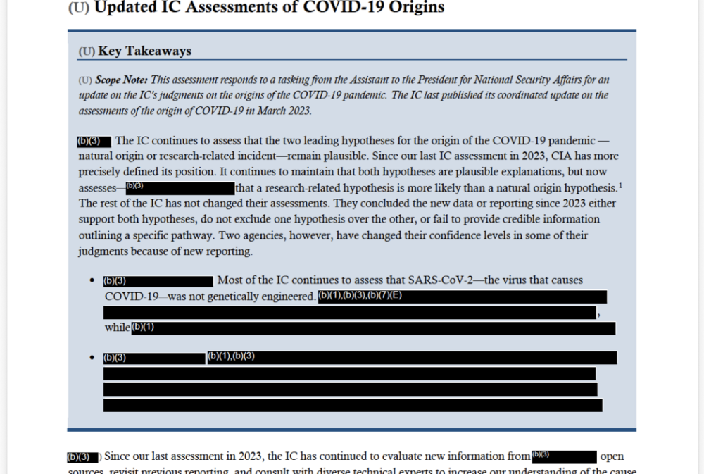 Screenshot of National Intelligence Council memo "Updated IC Assessments of COVID-19 Origins"