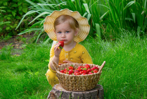 A child with a basket of strawberries